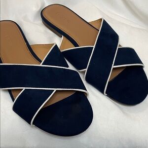 J. Crew Factory Women's Navy Blue & White Crisscross Dressy Slides Sandals, 8